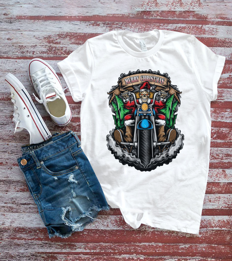 Skeleton Santa Biker Merry Christmas T-Shirt