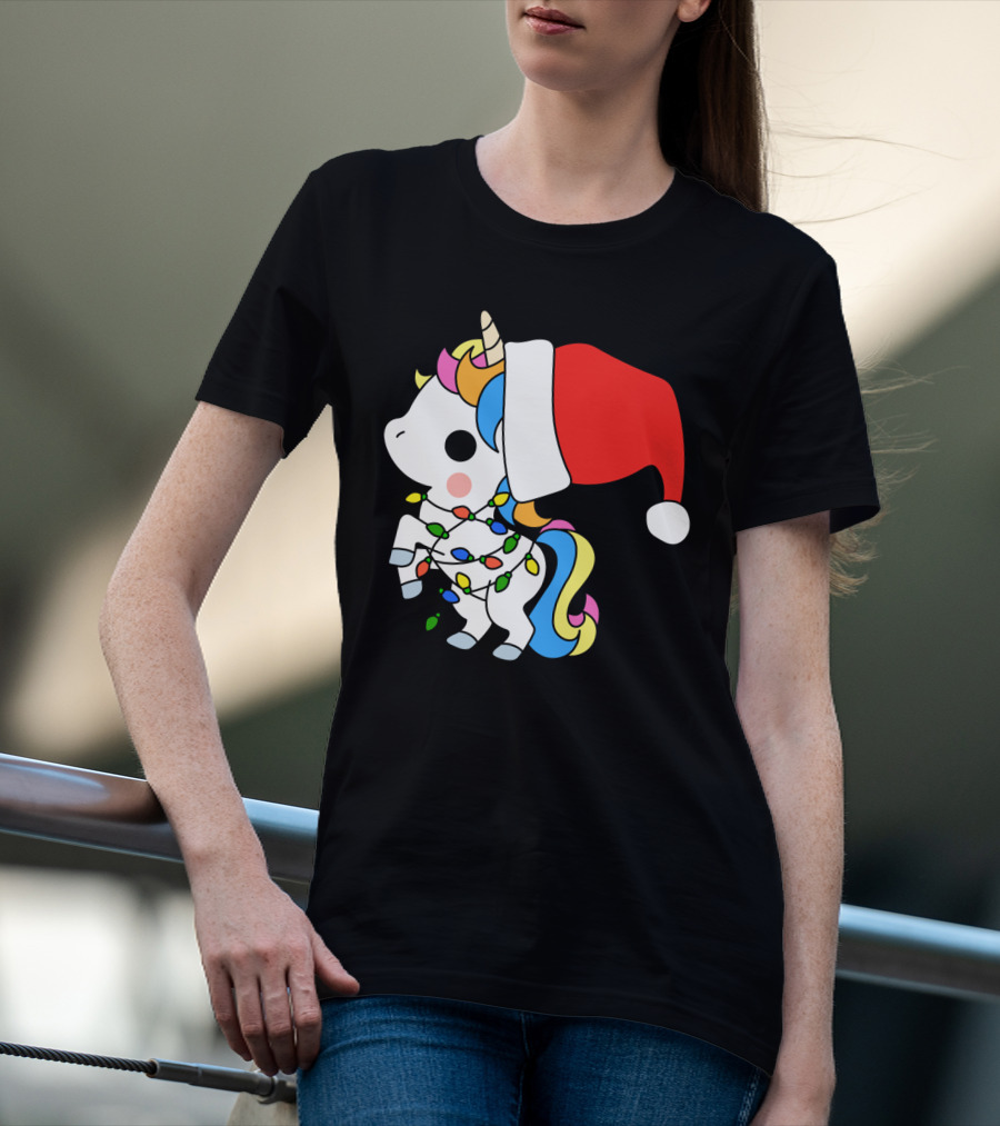 Unicorn Santa Christmas Lights Festive Fantasy T-Shirt