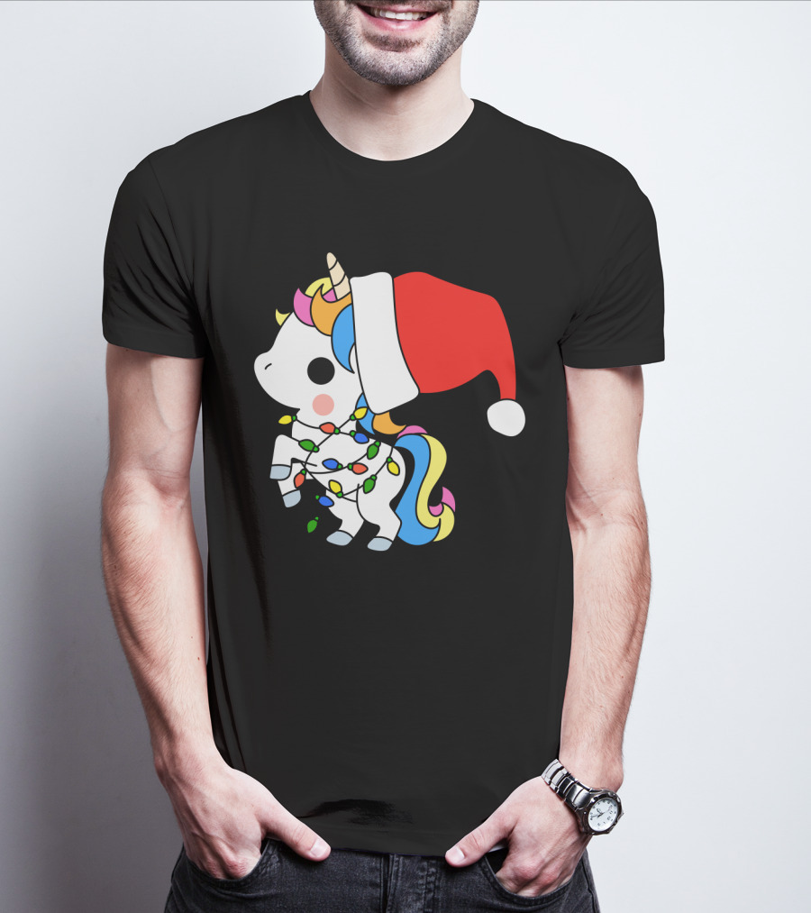 Unicorn Santa Christmas Lights Festive Fantasy T-Shirt