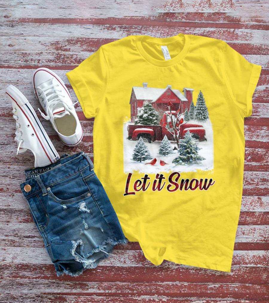Let It Snow Cardinal Birds Red Tree Farm Holiday Scene T-Shirt