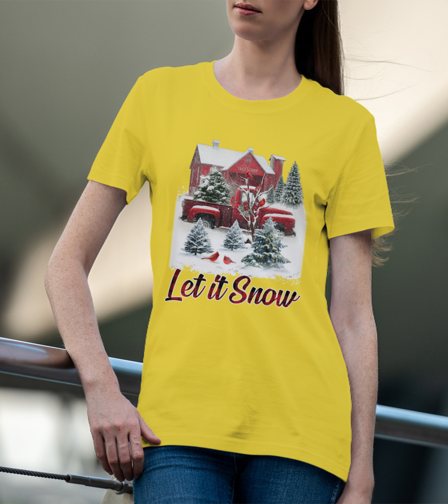 Let It Snow Cardinal Birds Red Tree Farm Holiday Scene T-Shirt