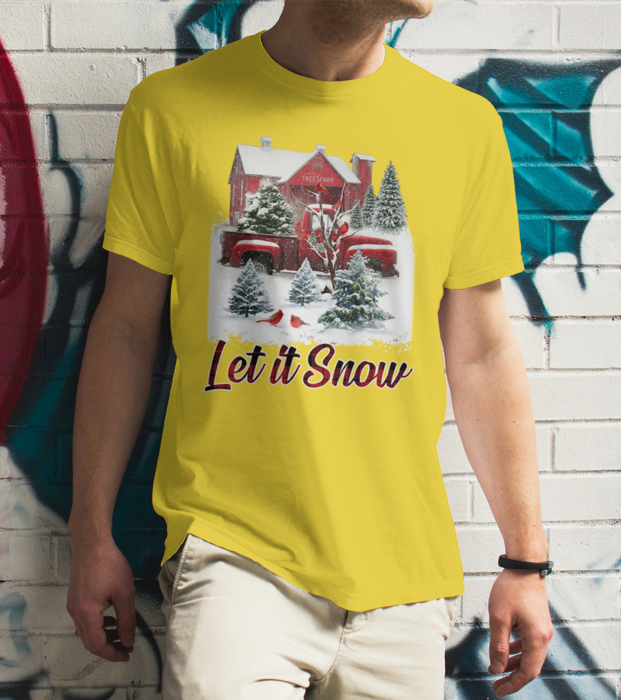 Let It Snow Cardinal Birds Red Tree Farm Holiday Scene T-Shirt