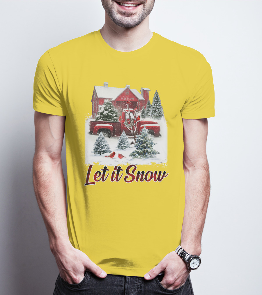 Let It Snow Cardinal Birds Red Tree Farm Holiday Scene T-Shirt