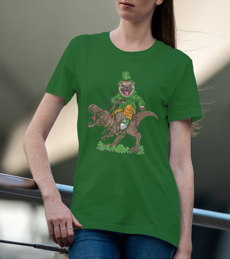 St Patricks Day Pug Puppy Riding Dinosaur Rex With Shamrocks And Leprechaun Hat T-Shirt