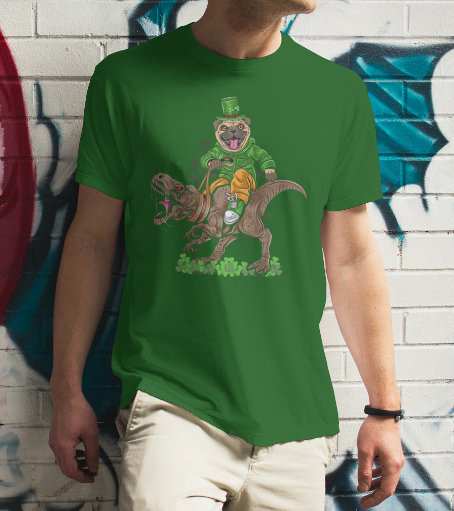 St Patricks Day Pug Puppy Riding Dinosaur Rex With Shamrocks And Leprechaun Hat T-Shirt