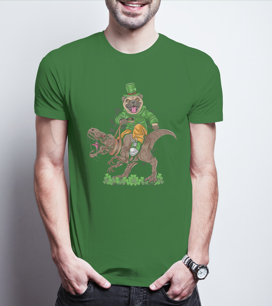 St Patricks Day Pug Puppy Riding Dinosaur Rex With Shamrocks And Leprechaun Hat T-Shirt