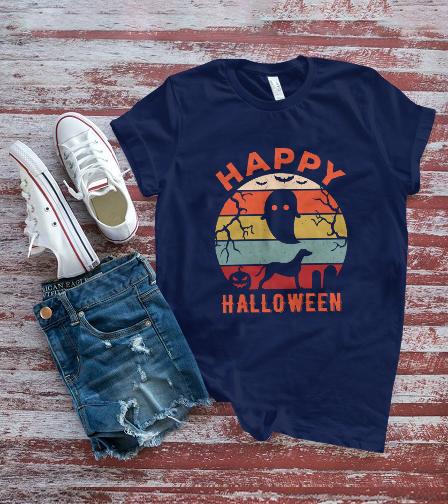 Happy Halloween Dalmatian Dog Ghost Pumpkin Retro Stripes T-Shirt