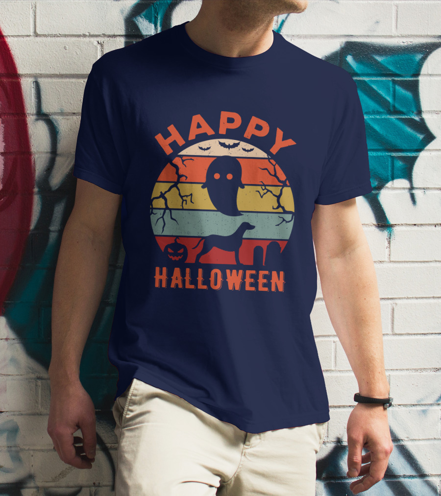 Happy Halloween Dalmatian Dog Ghost Pumpkin Retro Stripes T-Shirt