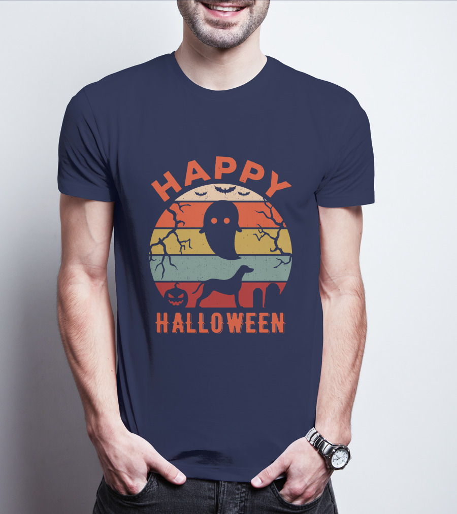 Happy Halloween Dalmatian Dog Ghost Pumpkin Retro Stripes T-Shirt