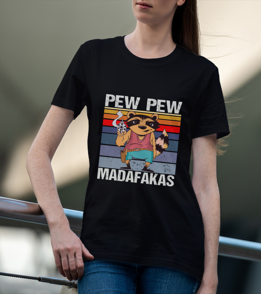 Pew Pew Madafakas Raccoon Retro Stripes Smoking Gun T-Shirt