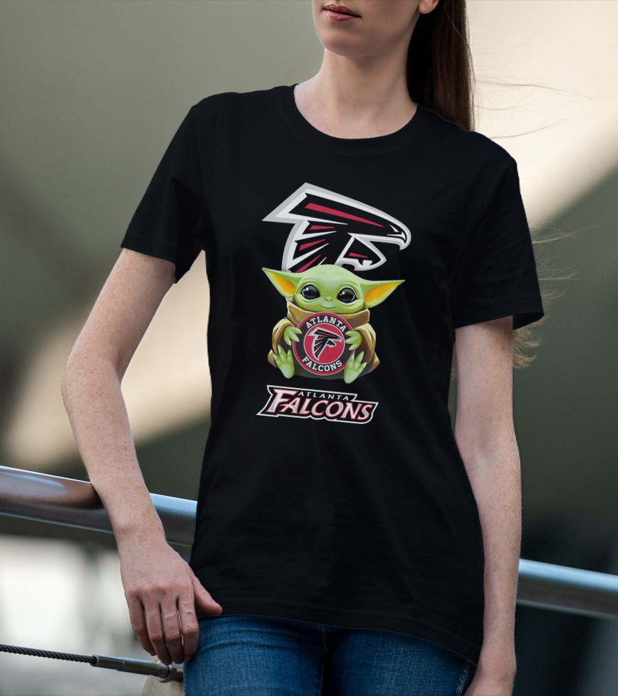 Baby Yoda Holding Atlanta Falcons Emblem Logo Fan T-Shirt