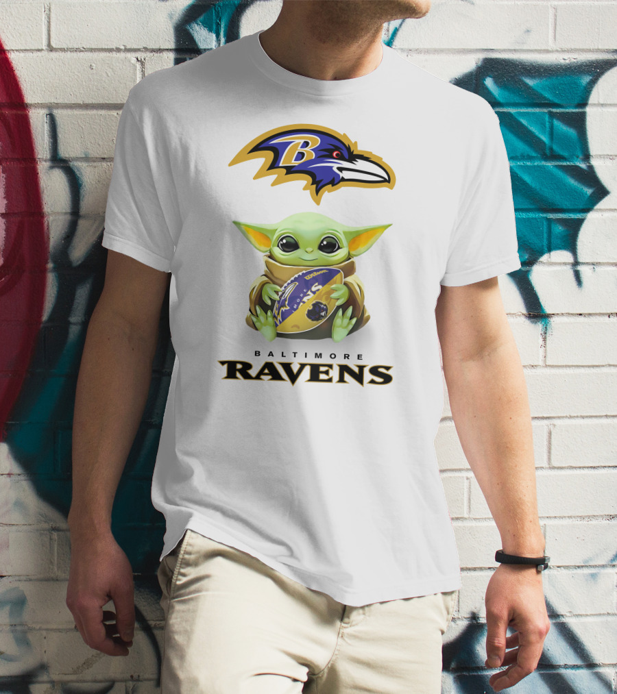 Baby Yoda Hug Baltimore Ravens Football Tailgate T-Shirt