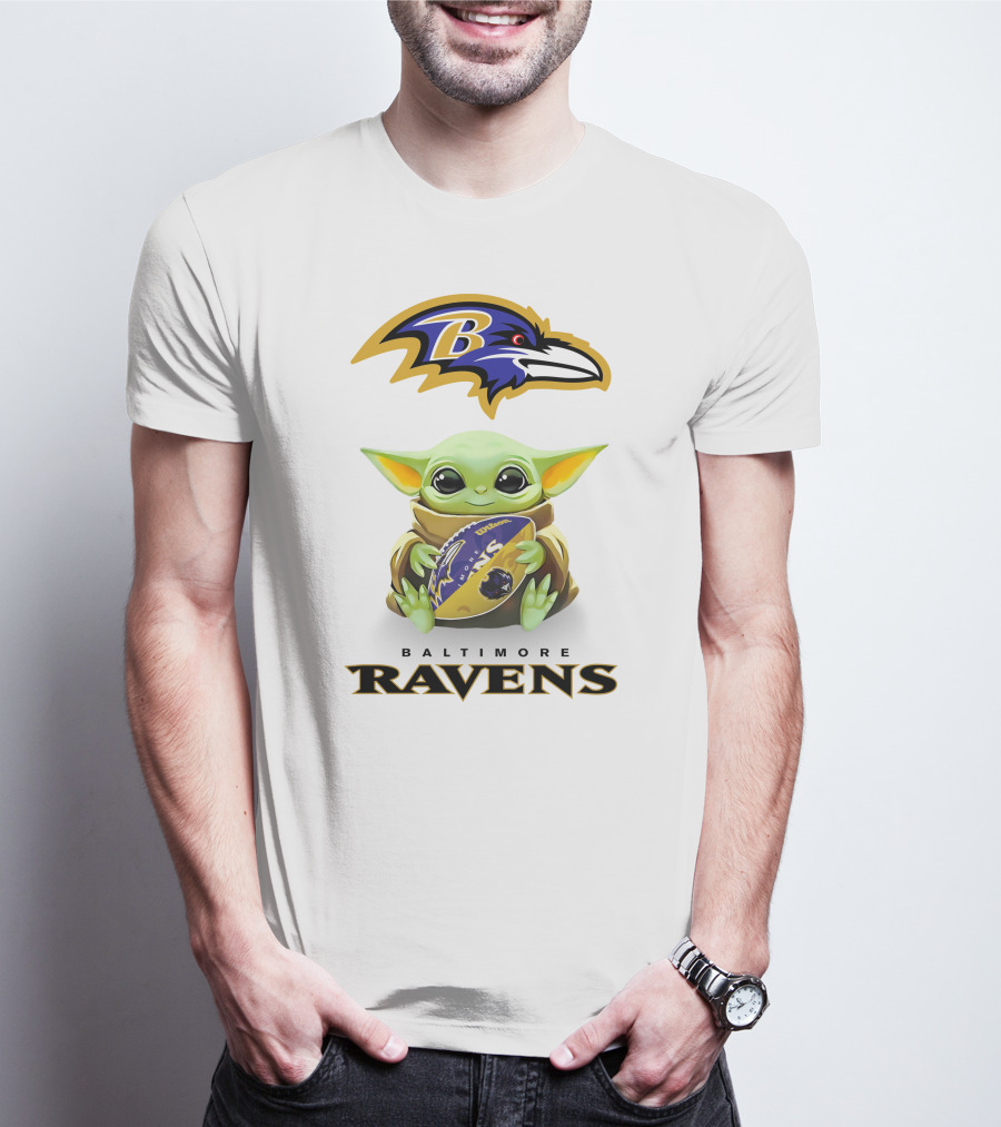Baby Yoda Hug Baltimore Ravens Football Tailgate T-Shirt