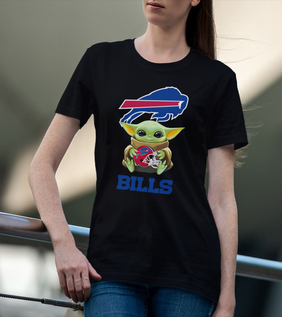 Baby Yoda Holding Buffalo Bills Helmet NFL Logo Bills T-Shirt