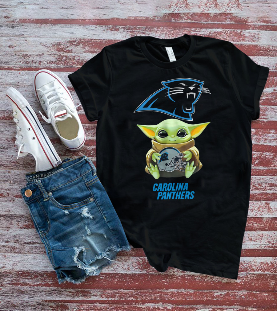 Baby Yoda Holding Carolina Panthers Helmet T-Shirt