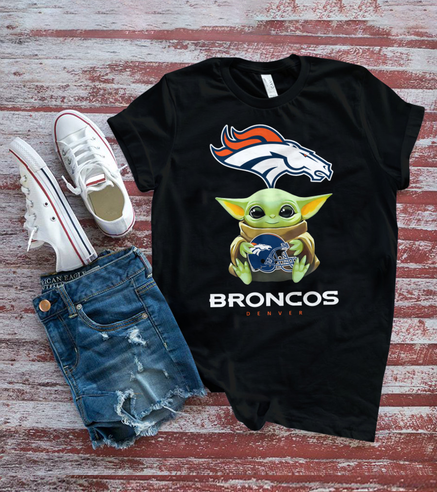 Baby Yoda Holding Denver Broncos Helmet With Broncos T-Shirt