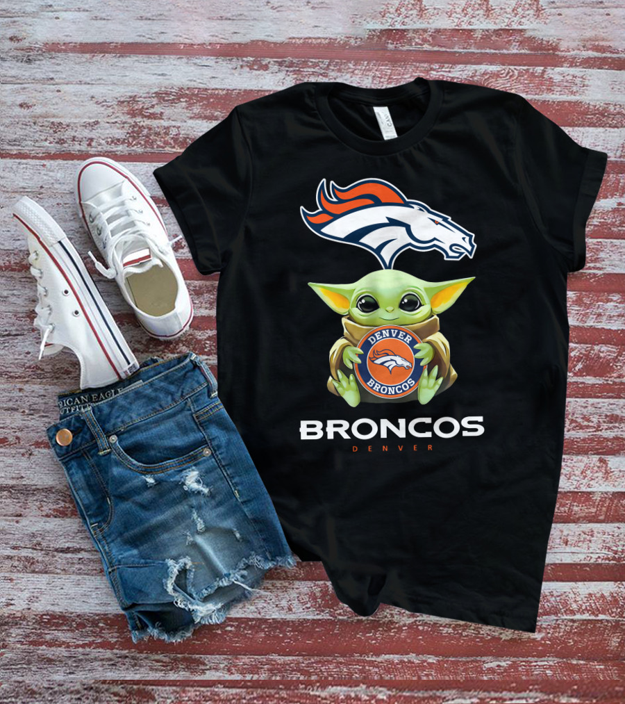 Baby Yoda Holding Denver Broncos Emblem With Broncos T-Shirt