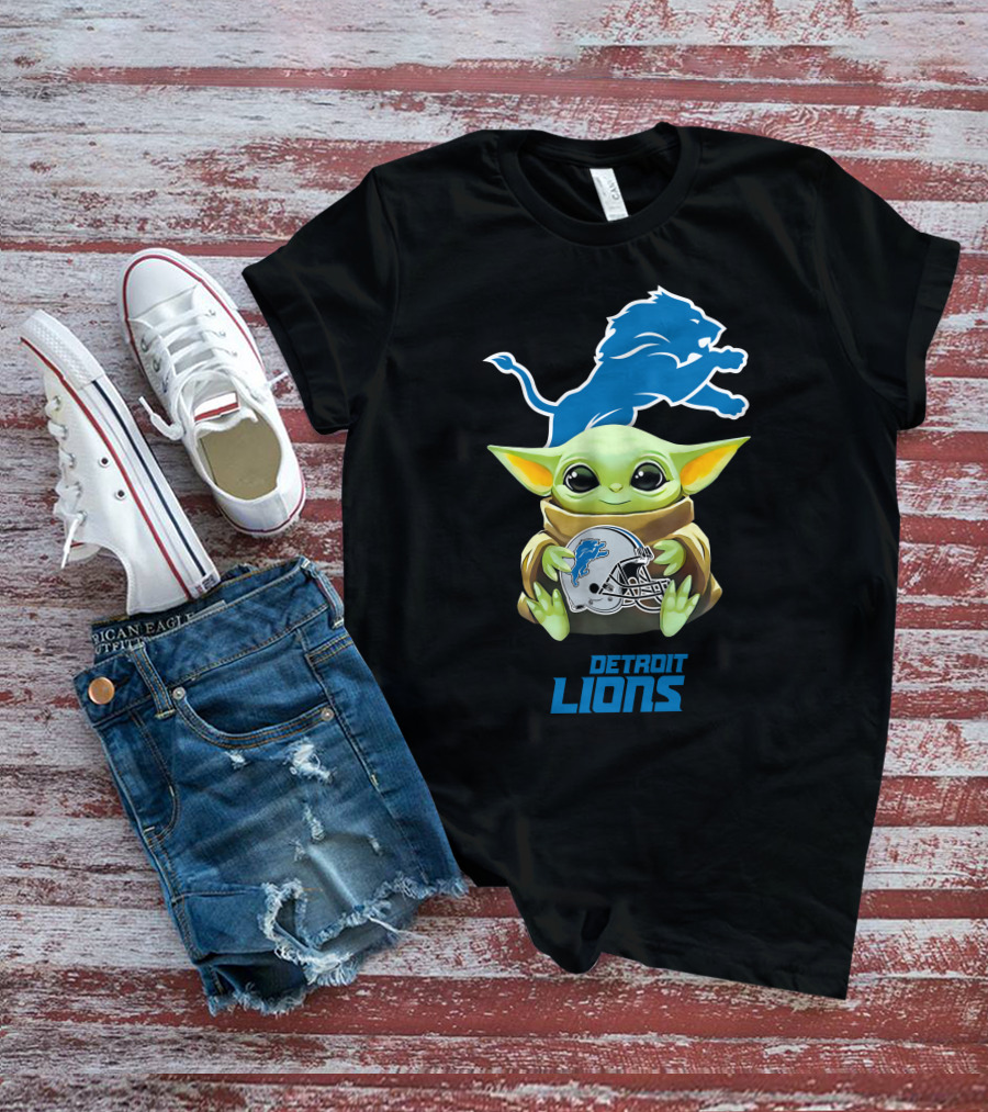 Baby Yoda Holding Detroit Lions Helmet T-Shirt