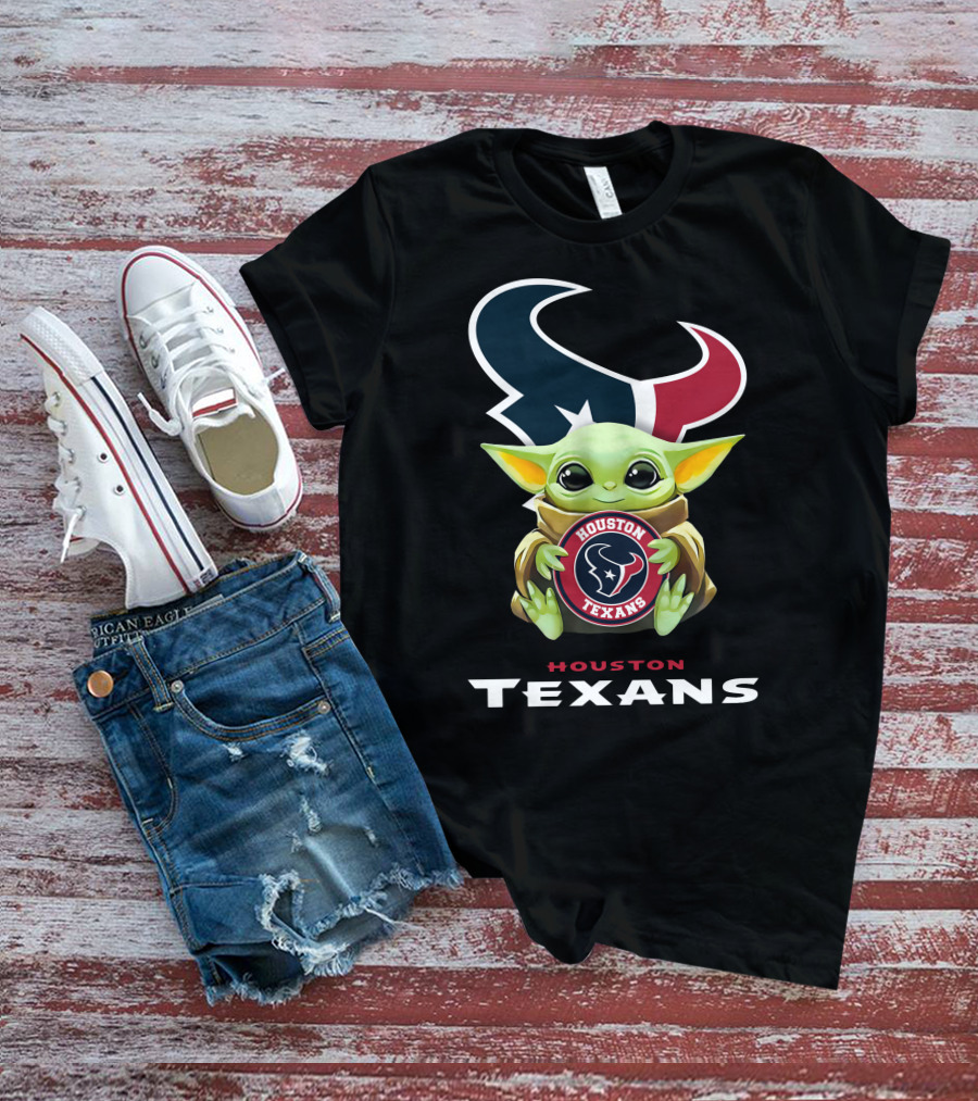 Baby Yoda Holding Houston Texans Logo Football Team Emblem T-Shirt
