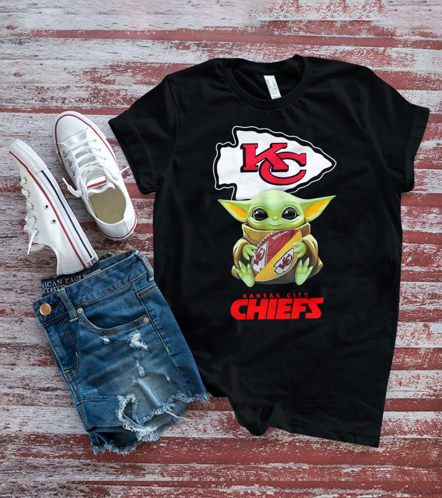 Baby Yoda Holding Kansas City Chiefs Football T-Shirt