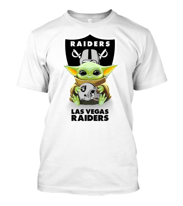 Baby Yoda Holding Las Vegas Raiders Helmet With Raiders Logo Background T-Shirt