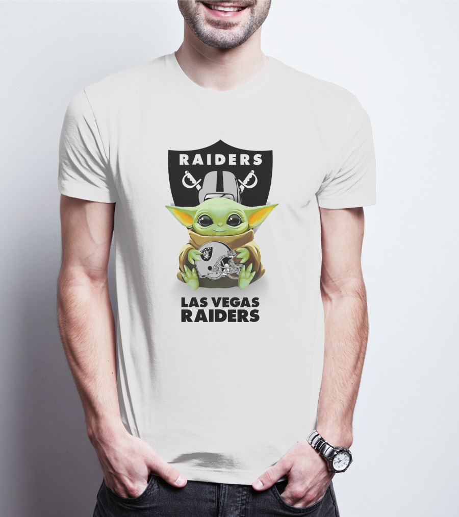 Baby Yoda Holding Las Vegas Raiders Helmet With Raiders Logo Background T-Shirt