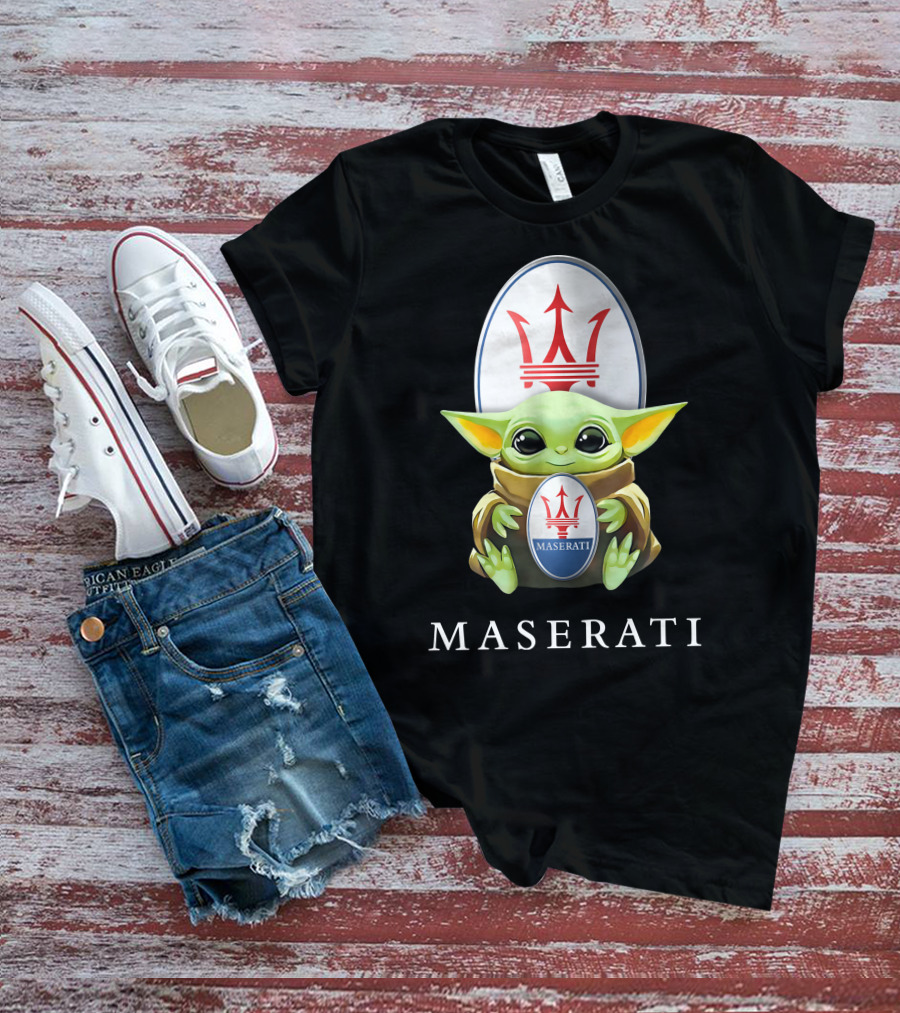 Baby Yoda Holding Maserati Emblem Trident T-Shirt