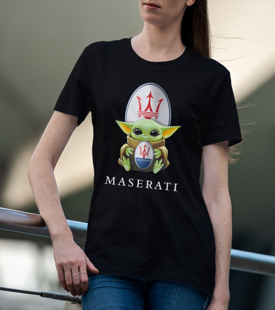 Baby Yoda Holding Maserati Emblem Trident T-Shirt
