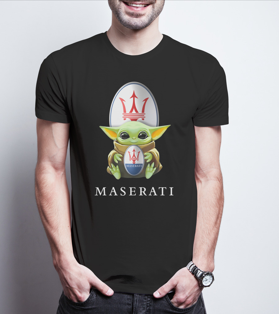 Baby Yoda Holding Maserati Emblem Trident T-Shirt