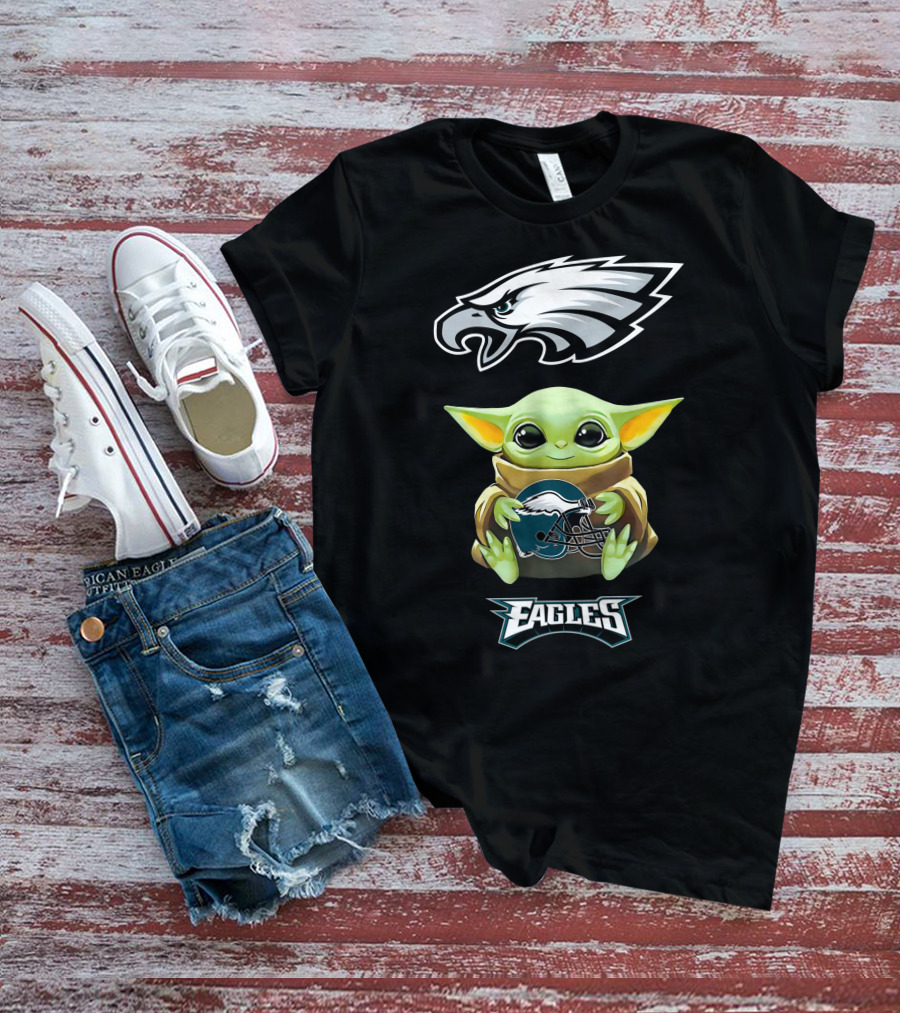 Baby Yoda Holding Philadelphia Eagles Helmet With Eagles T-Shirt