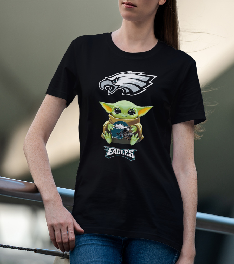 Baby Yoda Holding Philadelphia Eagles Helmet With Eagles T-Shirt