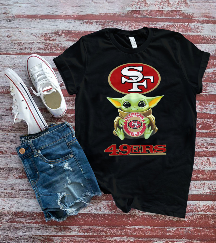 Baby Yoda Holding San Francisco 49ers Logo With Sf T-Shirt