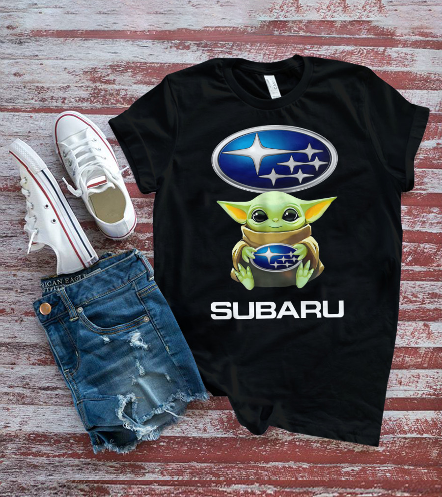 Baby Yoda Holding Subaru Emblem Design T-Shirt