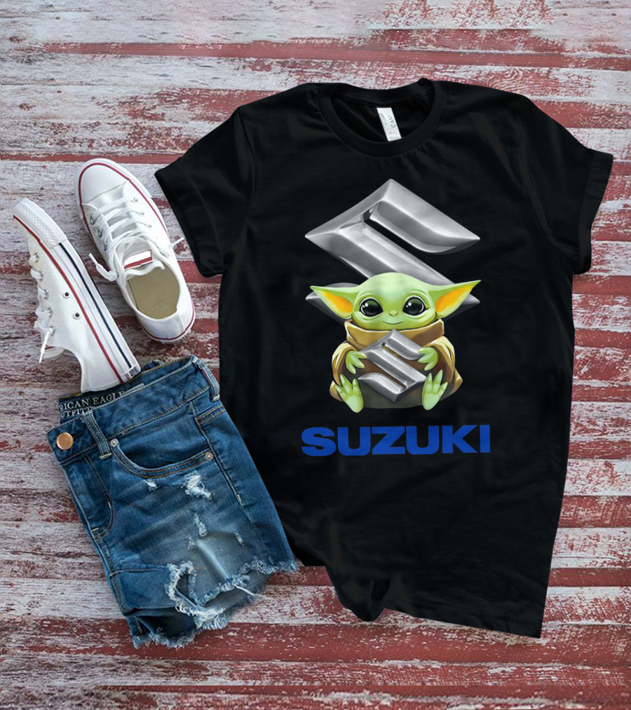 Baby Yoda Holding Silver Suzuki Emblem With Blue Suzuki T-Shirt