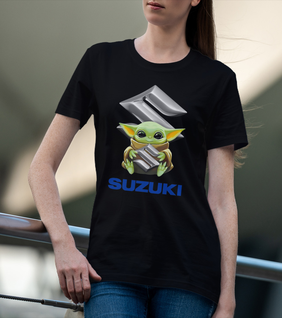 Baby Yoda Holding Silver Suzuki Emblem With Blue Suzuki T-Shirt
