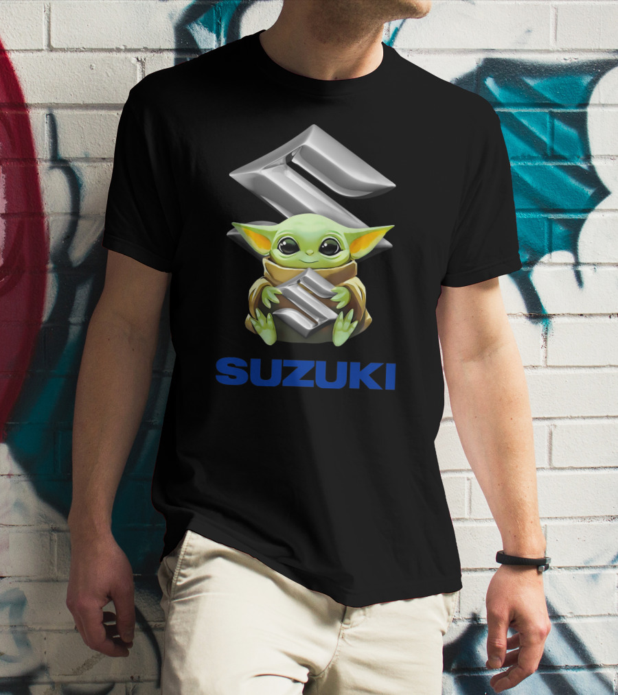 Baby Yoda Holding Silver Suzuki Emblem With Blue Suzuki T-Shirt