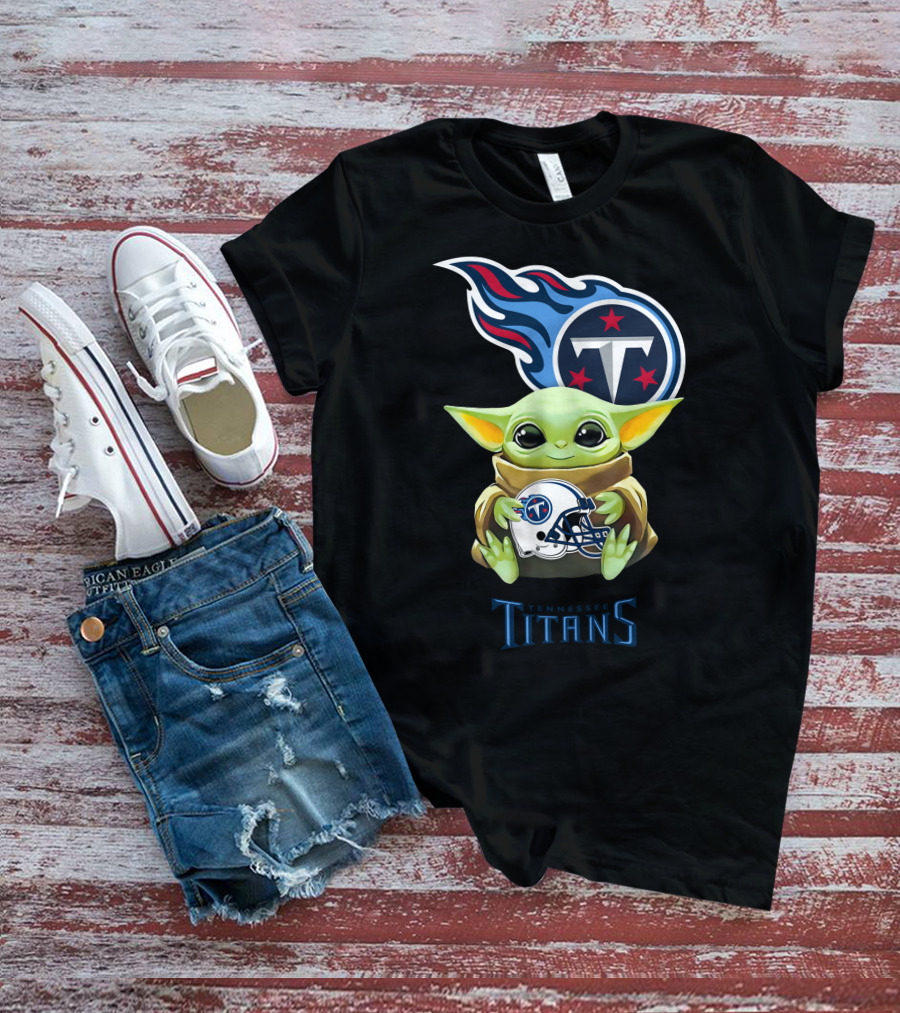 Baby Yoda Holding Tennessee Titans Helmet With Team T-Shirt