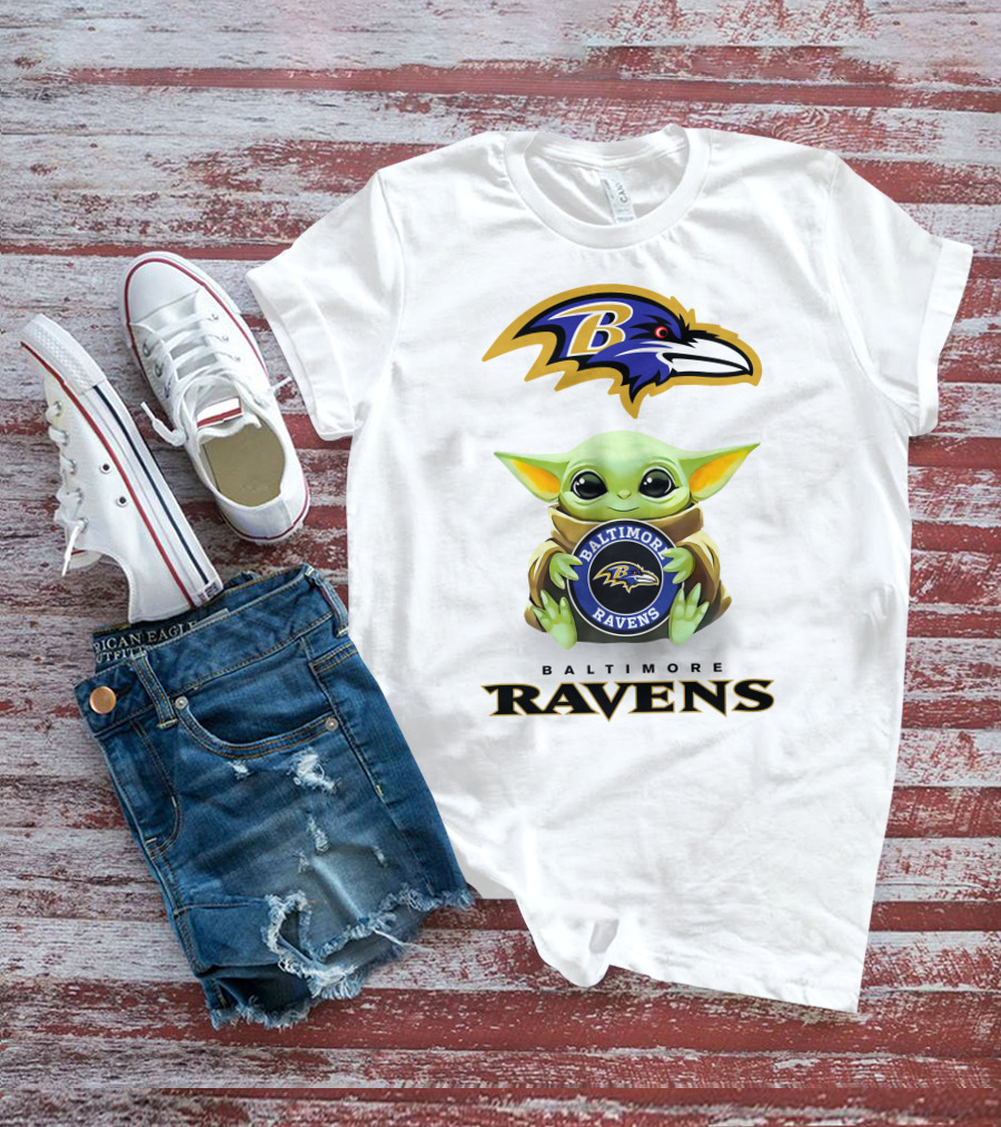 Baby Yoda Holding Baltimore Ravens Logo With Team Emblems T-Shirt