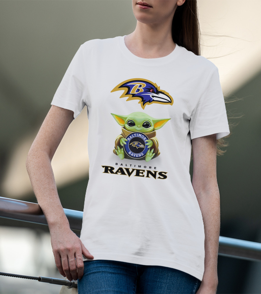 Baby Yoda Holding Baltimore Ravens Logo With Team Emblems T-Shirt