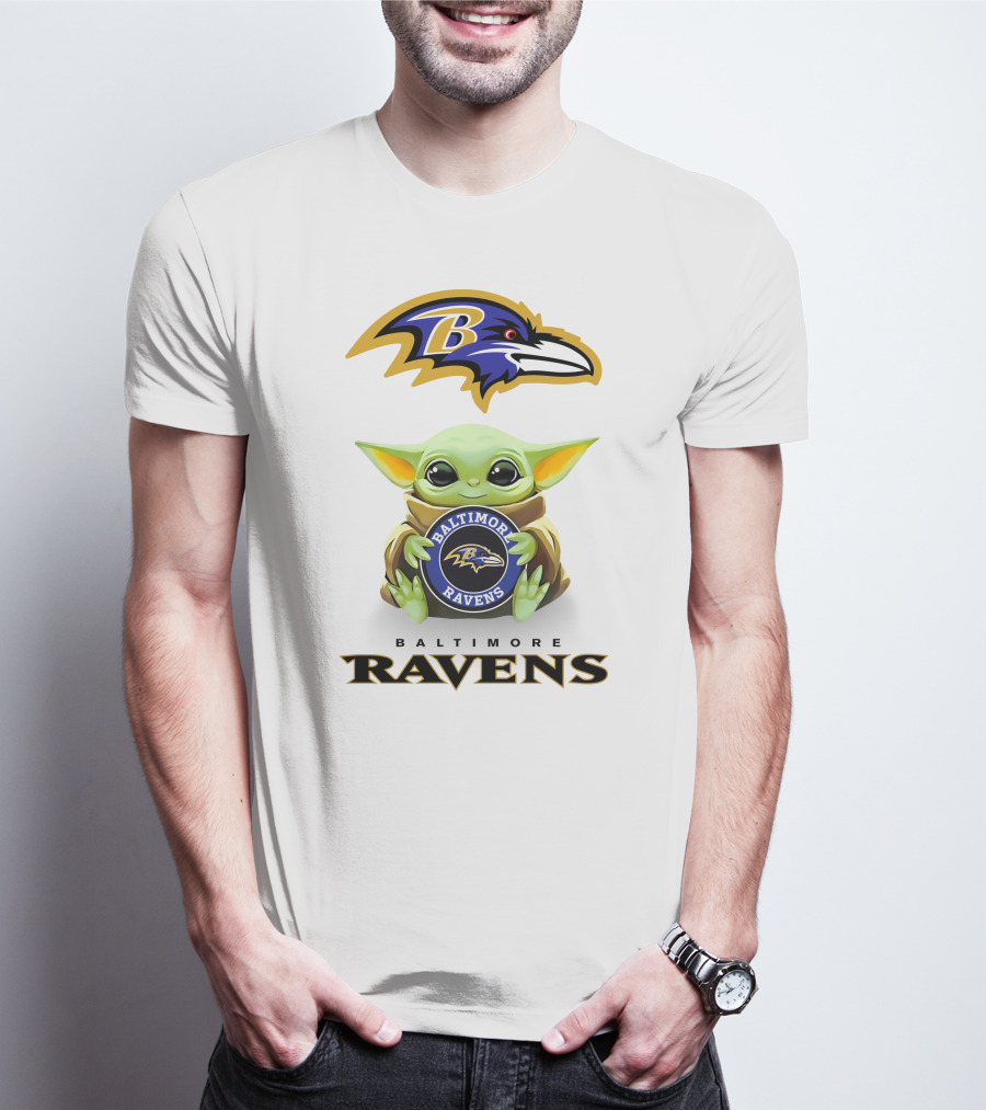 Baby Yoda Holding Baltimore Ravens Logo With Team Emblems T-Shirt