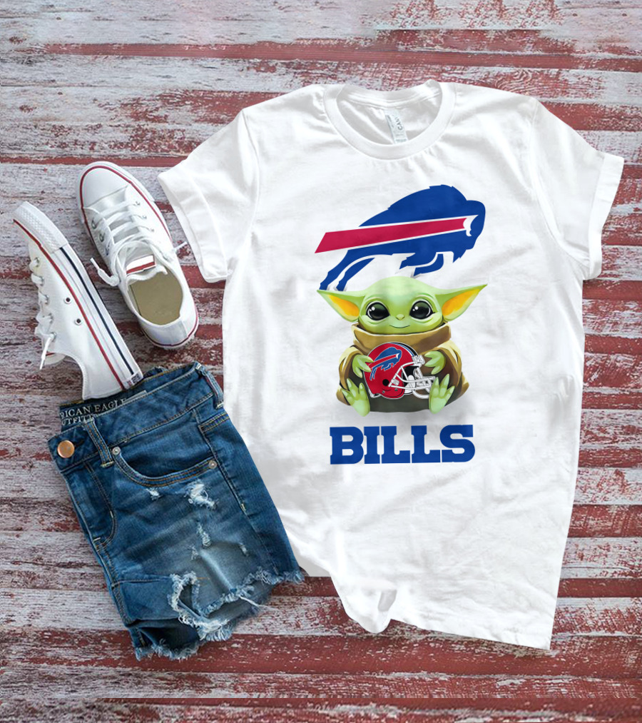 Baby Yoda Holding Buffalo Bills Helmet Logo With Bills T-Shirt