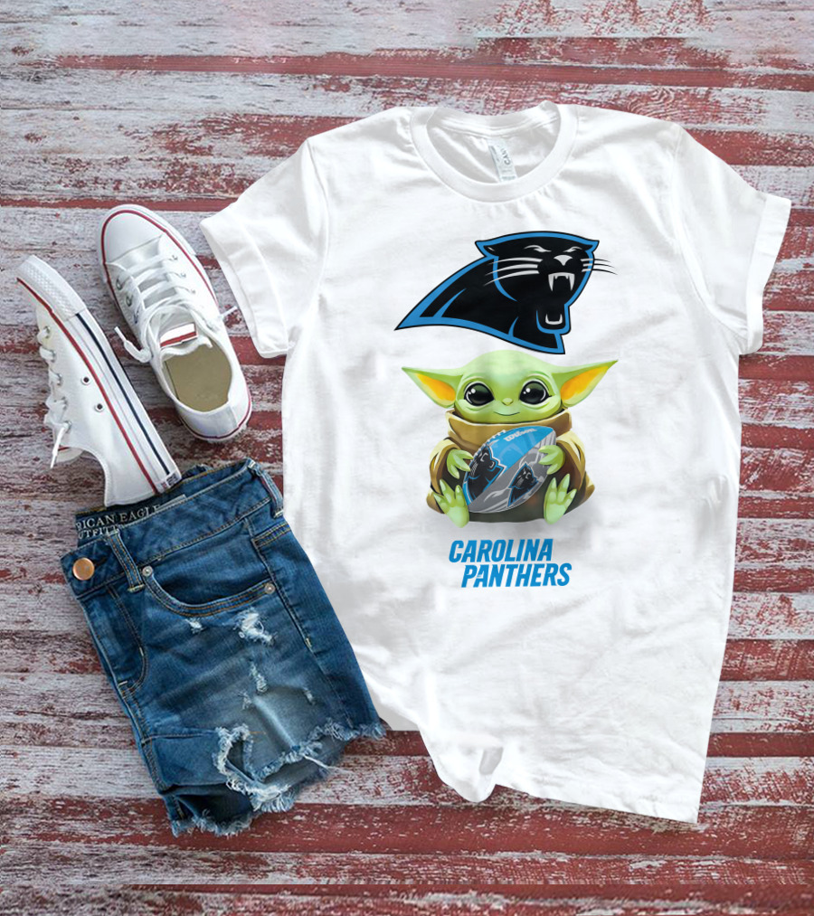 Baby Yoda Holding Carolina Panthers Football T-Shirt