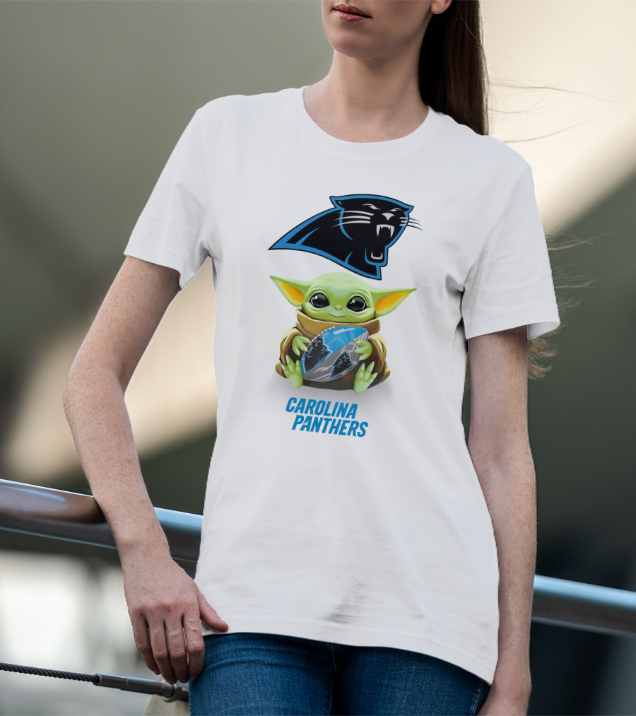 Baby Yoda Holding Carolina Panthers Football T-Shirt