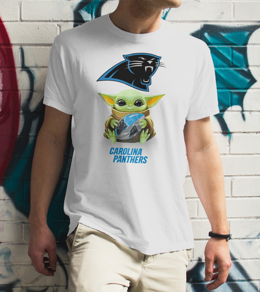 Baby Yoda Holding Carolina Panthers Football T-Shirt