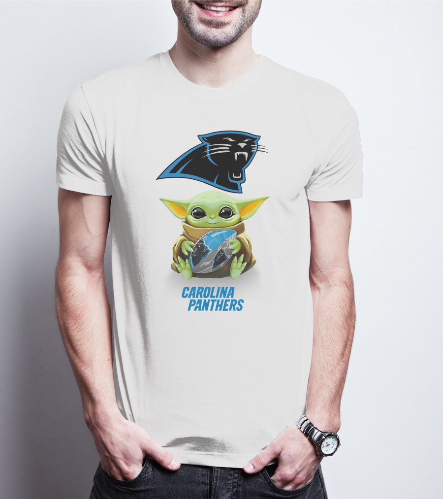 Baby Yoda Holding Carolina Panthers Football T-Shirt