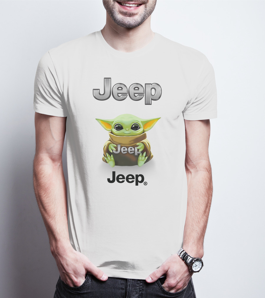 Baby Yoda Holding Jeep Logo With White T-Shirt