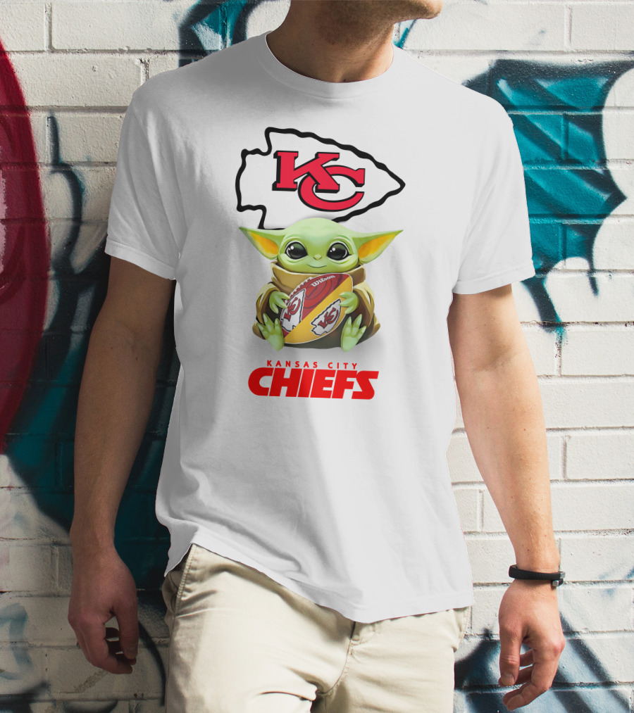Baby Yoda Hugging Football Kansas City Chiefs Kc T-Shirt