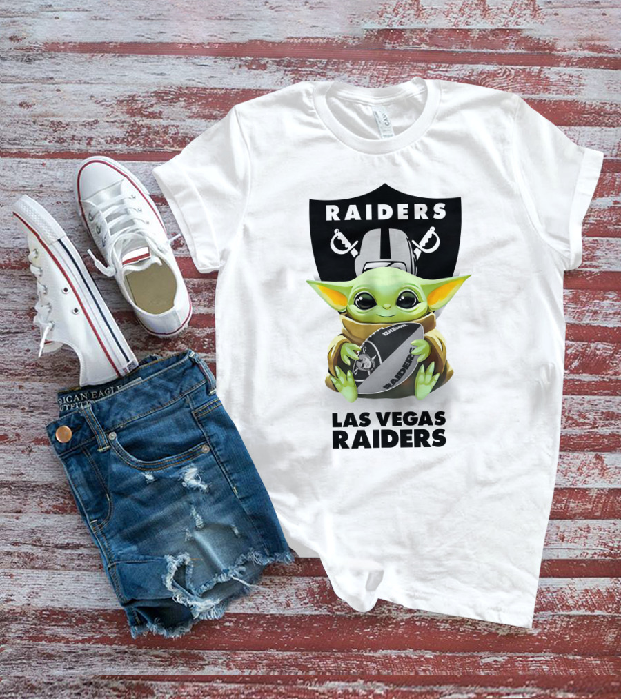 Baby Yoda Hugging Las Vegas Raiders Football Logo Fan Tailgate White T-Shirt