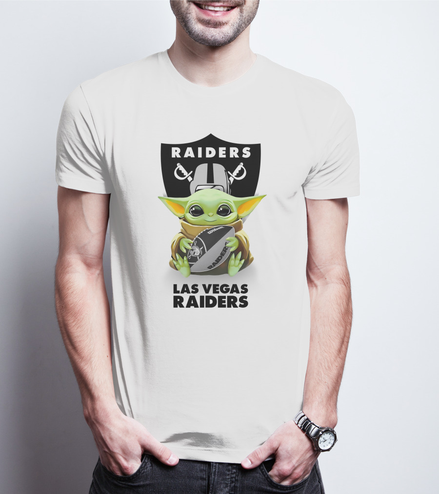 Baby Yoda Hugging Las Vegas Raiders Football Logo Fan Tailgate White T-Shirt