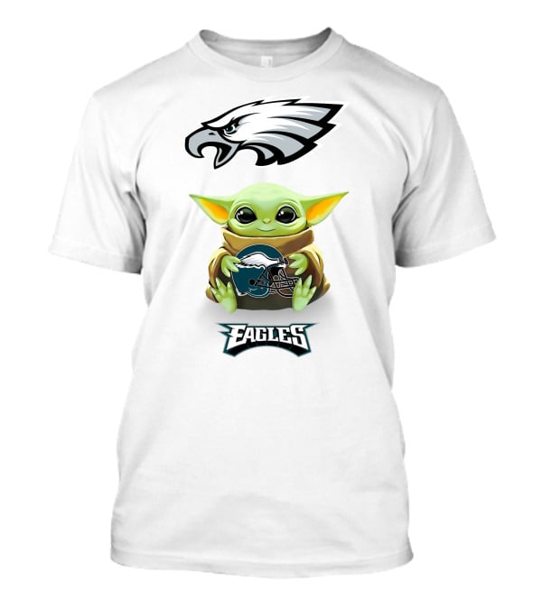 Baby Yoda Philadelphia Eagles Helmet Hug Green White T-Shirt